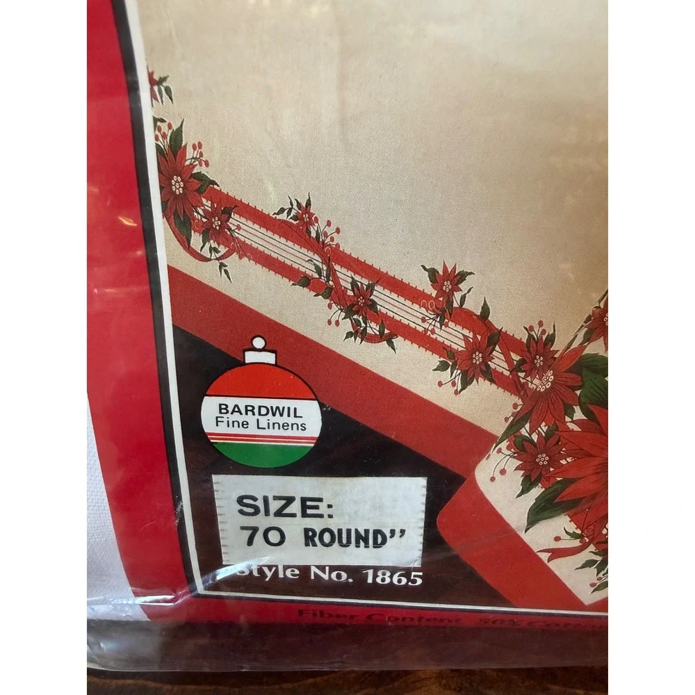 Bardwil Fine Linens Poinsettia Ribbon Round Tablecloth 70 Inch Christmas Holiday
